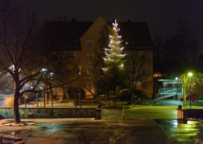 Dorfplatz mit Weihnachtsbaum