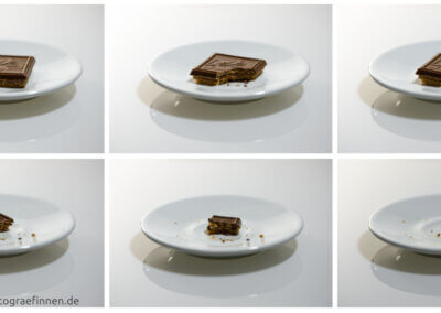 Sechs Einzelbilder mit einem Teller und einem Keks in 6 Phasen des Gegessenwerdens