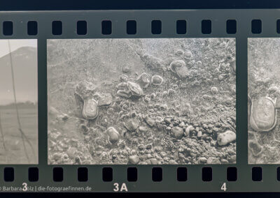 Foto eines schwarz/weiß Films, der Steine in gefrorenem Wasser zeigt